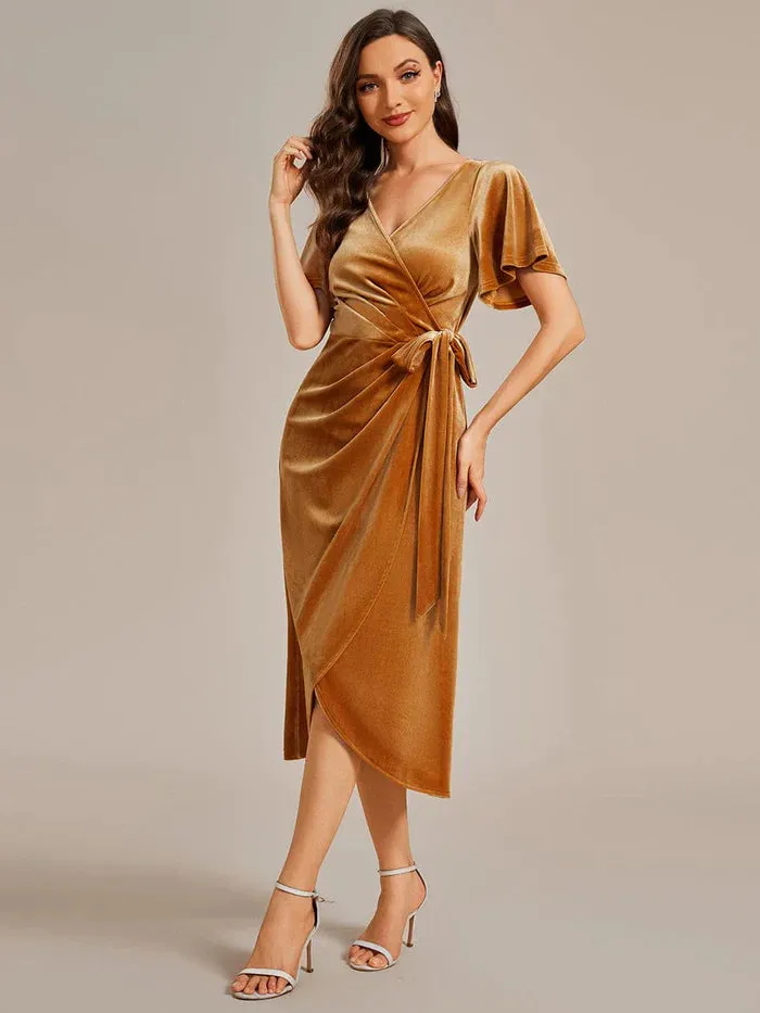 Charming Flutter Sleeves V-Neck Velvet Wedding Guest Dress