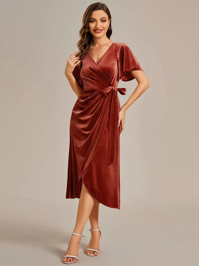 Charming Flutter Sleeves V-Neck Velvet Wedding Guest Dress