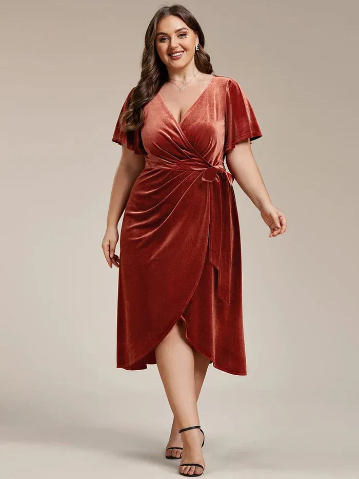 Charming Flutter Sleeves V-Neck Velvet Wedding Guest Dress