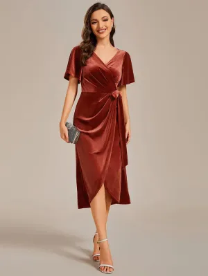 Charming Flutter Sleeves V-Neck Velvet Wedding Guest Dress