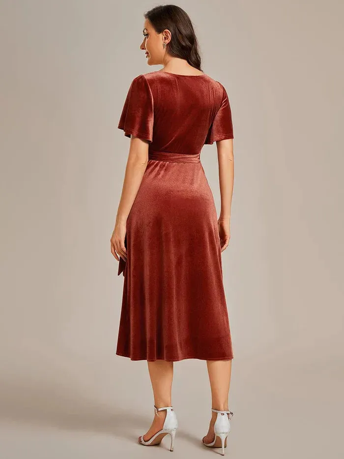 Charming Flutter Sleeves V-Neck Velvet Wedding Guest Dress