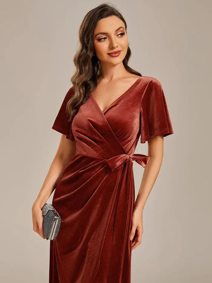 Charming Flutter Sleeves V-Neck Velvet Wedding Guest Dress