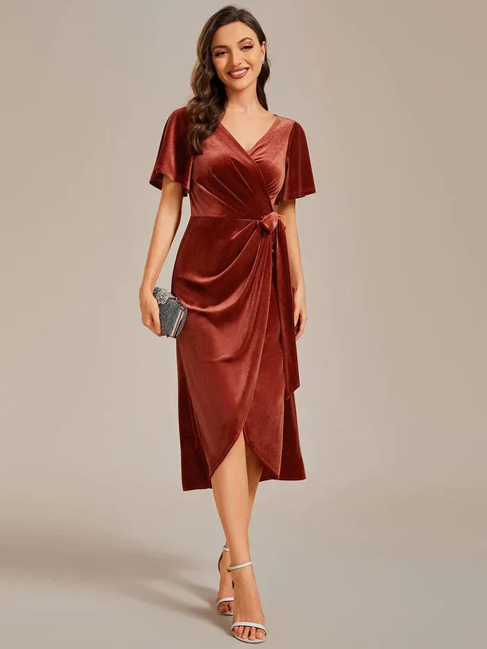 Charming Flutter Sleeves V-Neck Velvet Wedding Guest Dress