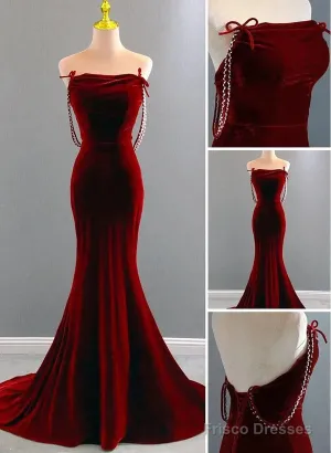 Charming Mermaid Wine Red Long Velvet Evening Dress, Wine Red Long Party Dress