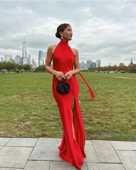 Charming Red Halter Backless Long Prom Dress with Slit Party Dress Formal Dress