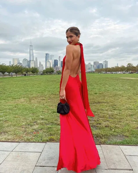 Charming Red Halter Backless Long Prom Dress with Slit Party Dress Formal Dress