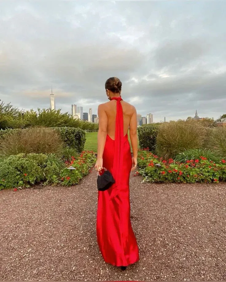 Charming Red Halter Backless Long Prom Dress with Slit Party Dress Formal Dress