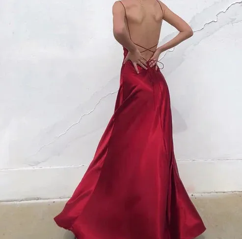 Charming Red Spaghetti Straps Backless Long Party Dress Sexy Evening Dress