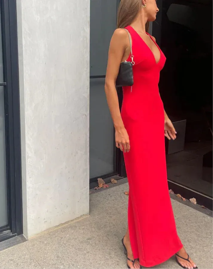 Charming Red V Neck Simple Evening Party Dress Formal Dress Wholesale