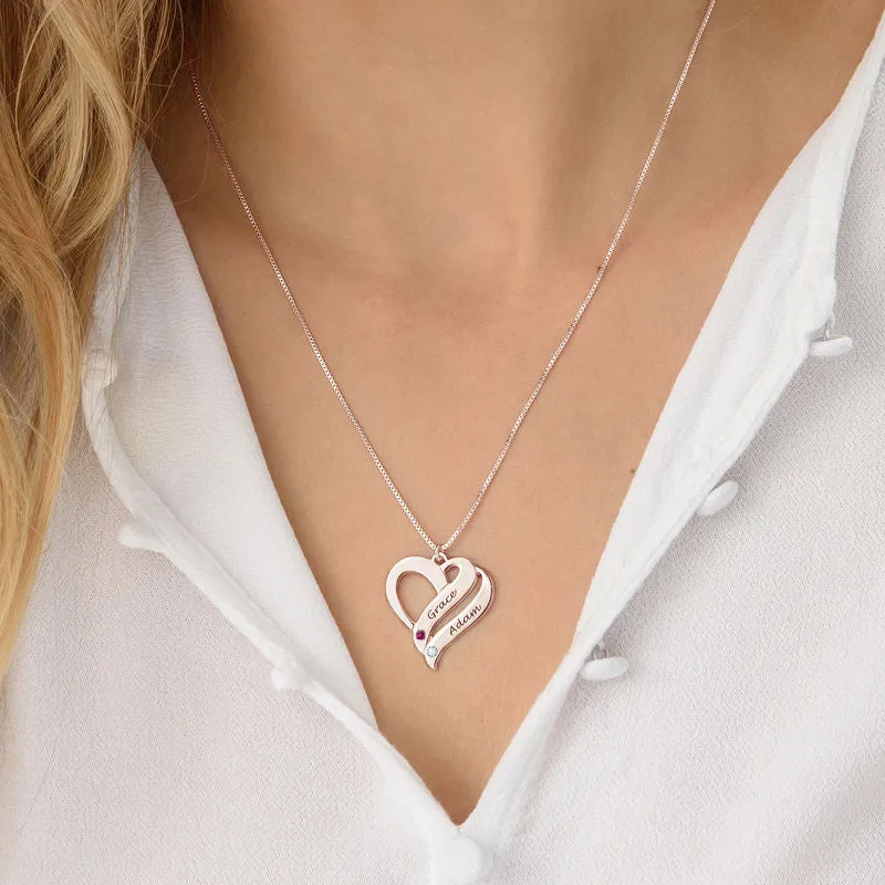 Double Heart Personalized Name and Birthstone Necklace