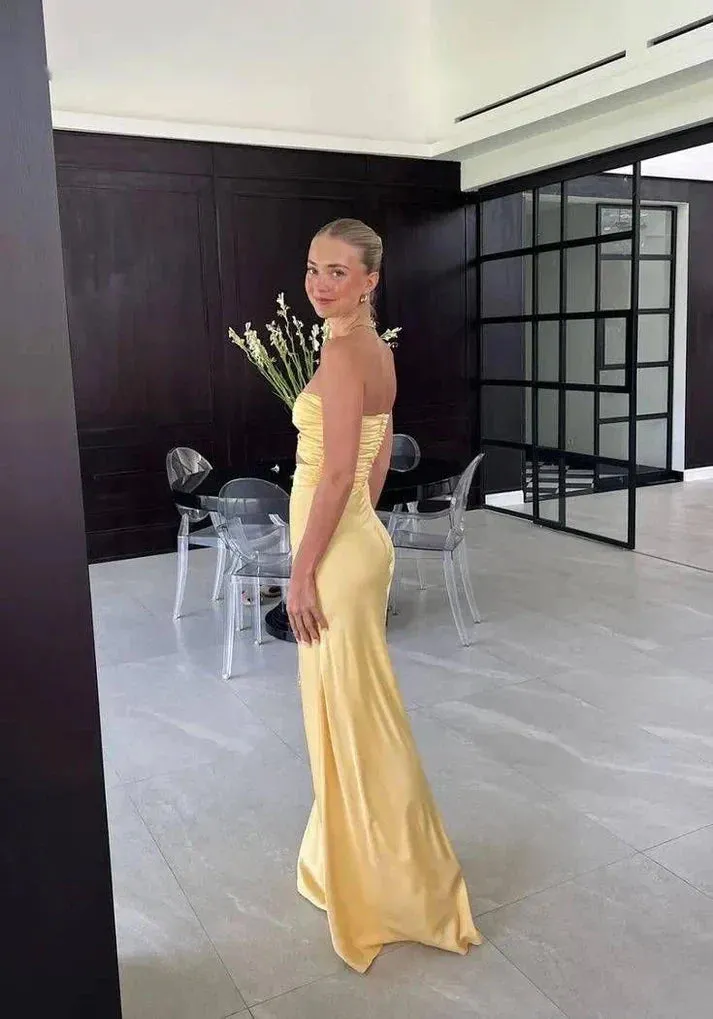 Dress Wholesale Mermaid Yellow Satin Charming Evening Party Dress Sexy Long Prom Dress