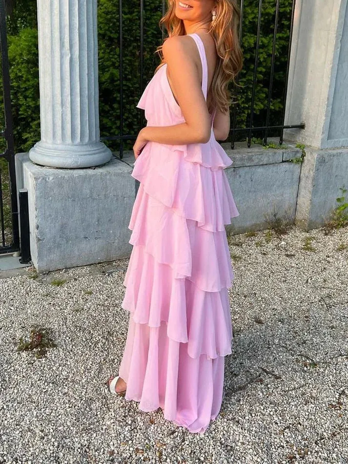Elegant Pink Chiffon A-Line Layers Backless Long Party Dress Charming Evening Dress Wholesale