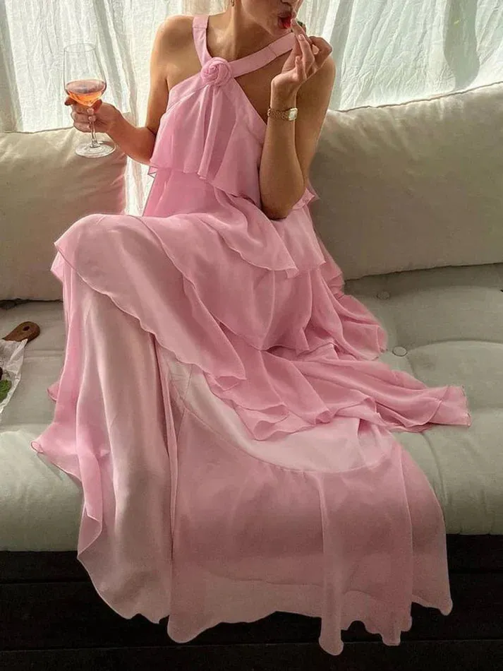 Elegant Pink Chiffon A-Line Layers Backless Long Party Dress Charming Evening Dress Wholesale