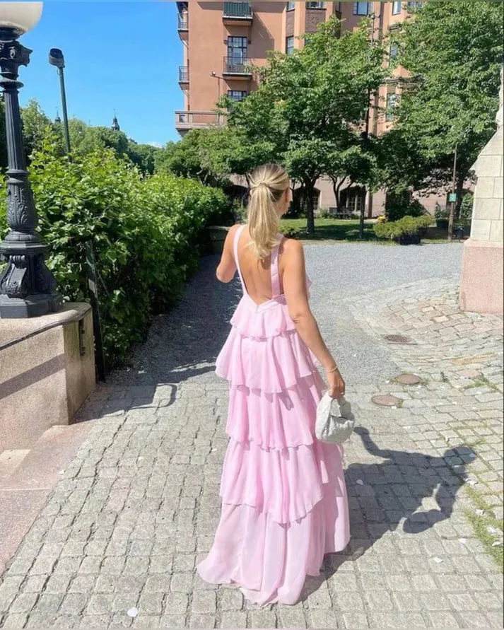 Elegant Pink Chiffon A-Line Layers Backless Long Party Dress Charming Evening Dress Wholesale