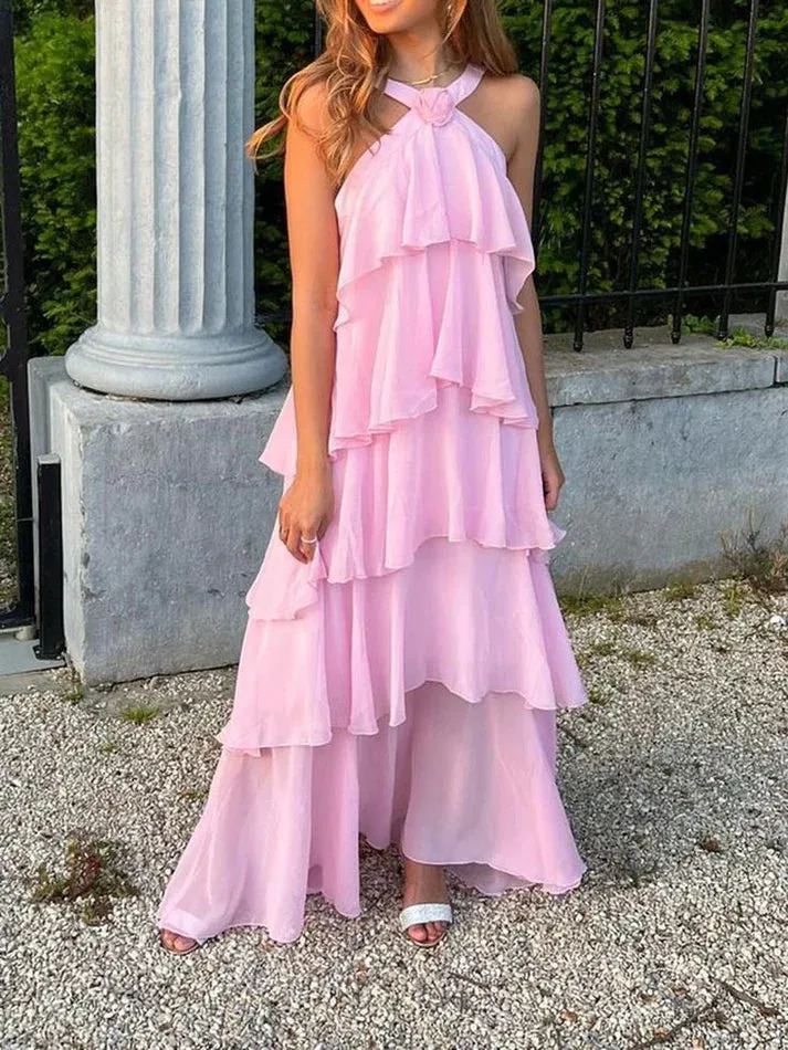 Elegant Pink Chiffon A-Line Layers Backless Long Party Dress Charming Evening Dress Wholesale