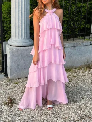 Elegant Pink Chiffon A-Line Layers Backless Long Party Dress Charming Evening Dress Wholesale