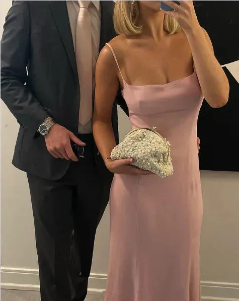 Elegant Pink Spaghetti Straps Long Party Dress Charming Formal Dress Wholesale