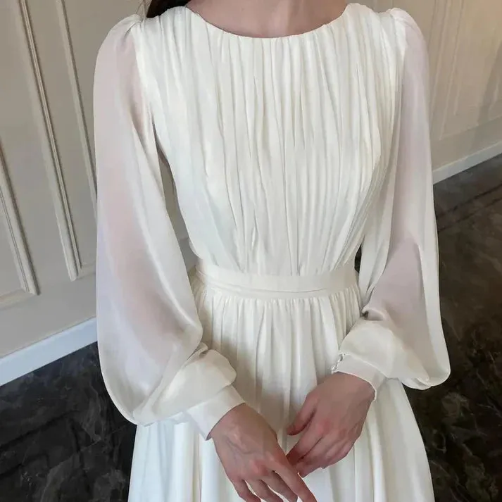Elegant White A-Line Long Sleeves Modest Long Dress Charming Evening Dress Party Dress