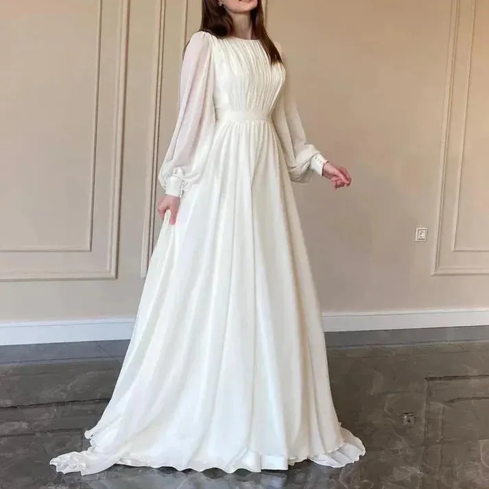 Elegant White A-Line Long Sleeves Modest Long Dress Charming Evening Dress Party Dress