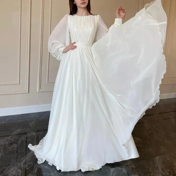 Elegant White A-Line Long Sleeves Modest Long Dress Charming Evening Dress Party Dress