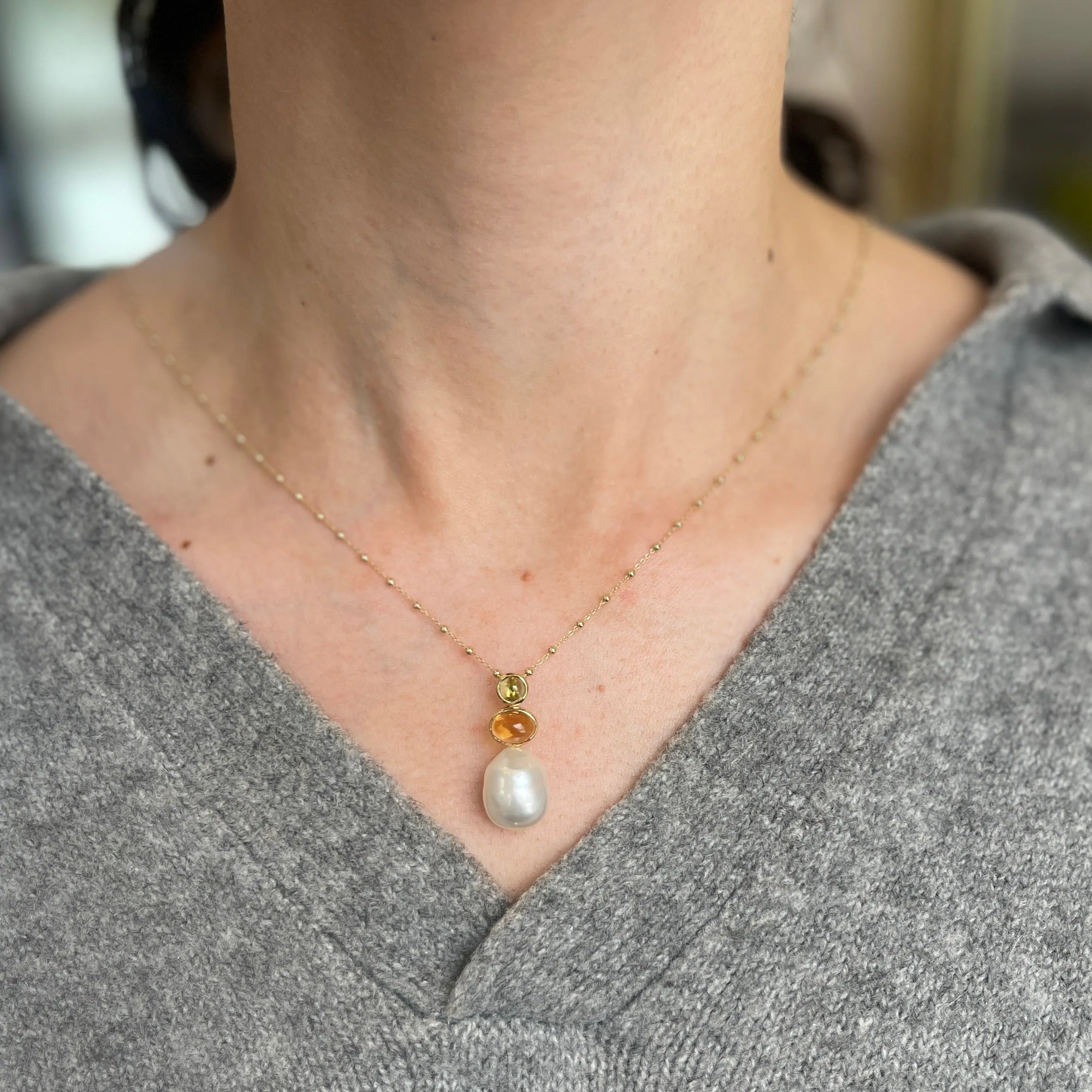 Estate 14KT Yellow Gold Peridot, Citrine,   Paspaley Pearl Pendant Slide