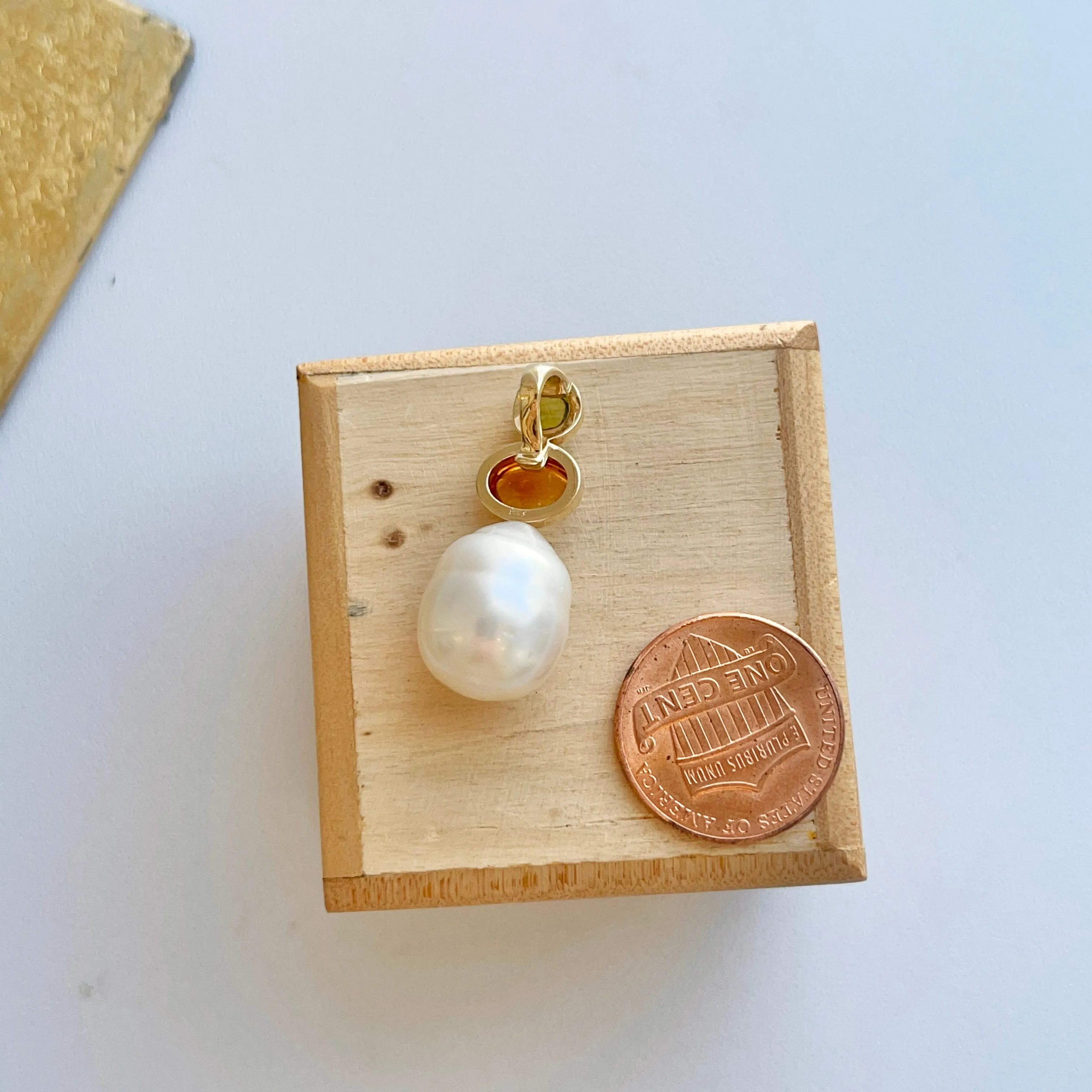 Estate 14KT Yellow Gold Peridot, Citrine,   Paspaley Pearl Pendant Slide