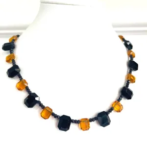 French Jet and Amber Glass Bead Vintage Necklace