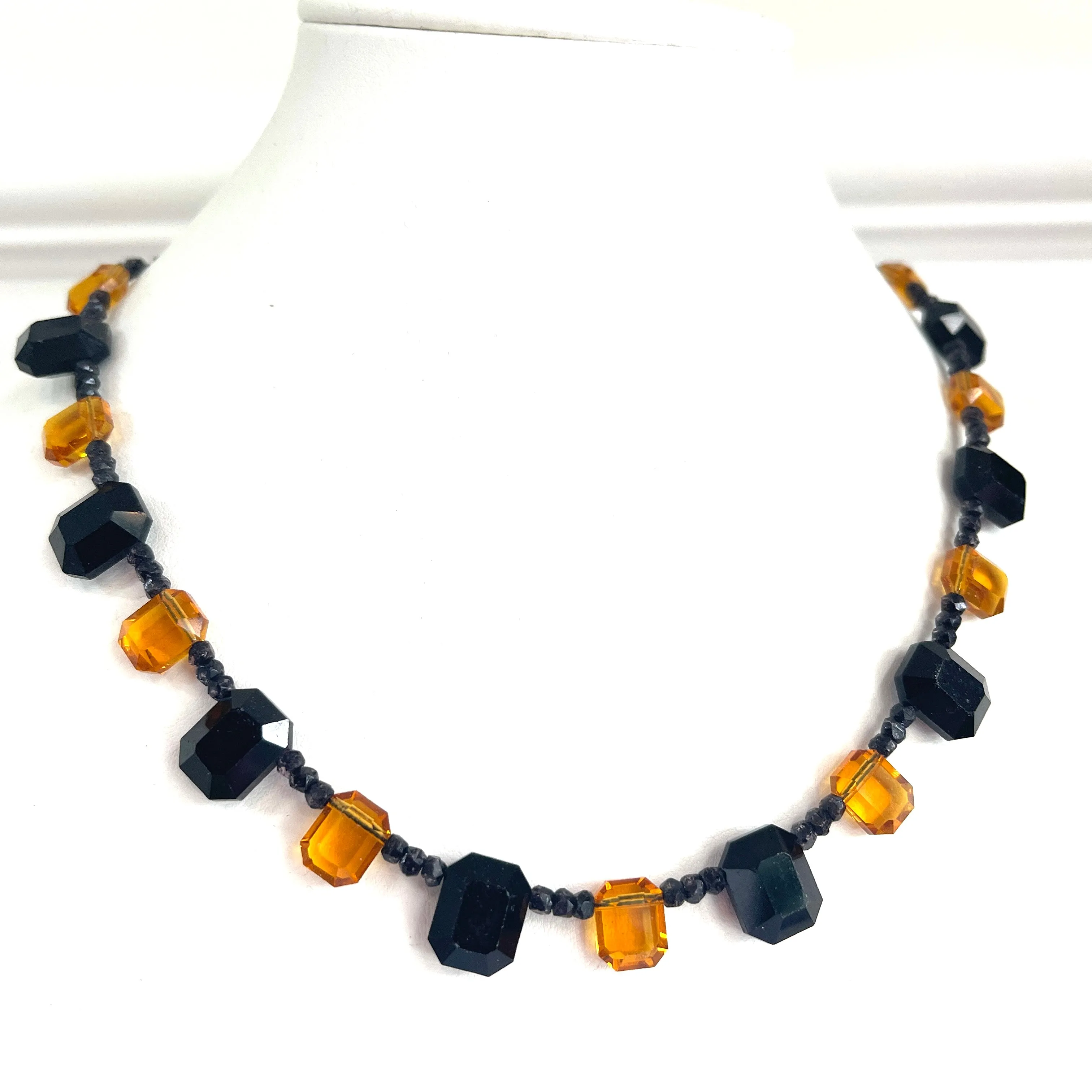 French Jet and Amber Glass Bead Vintage Necklace