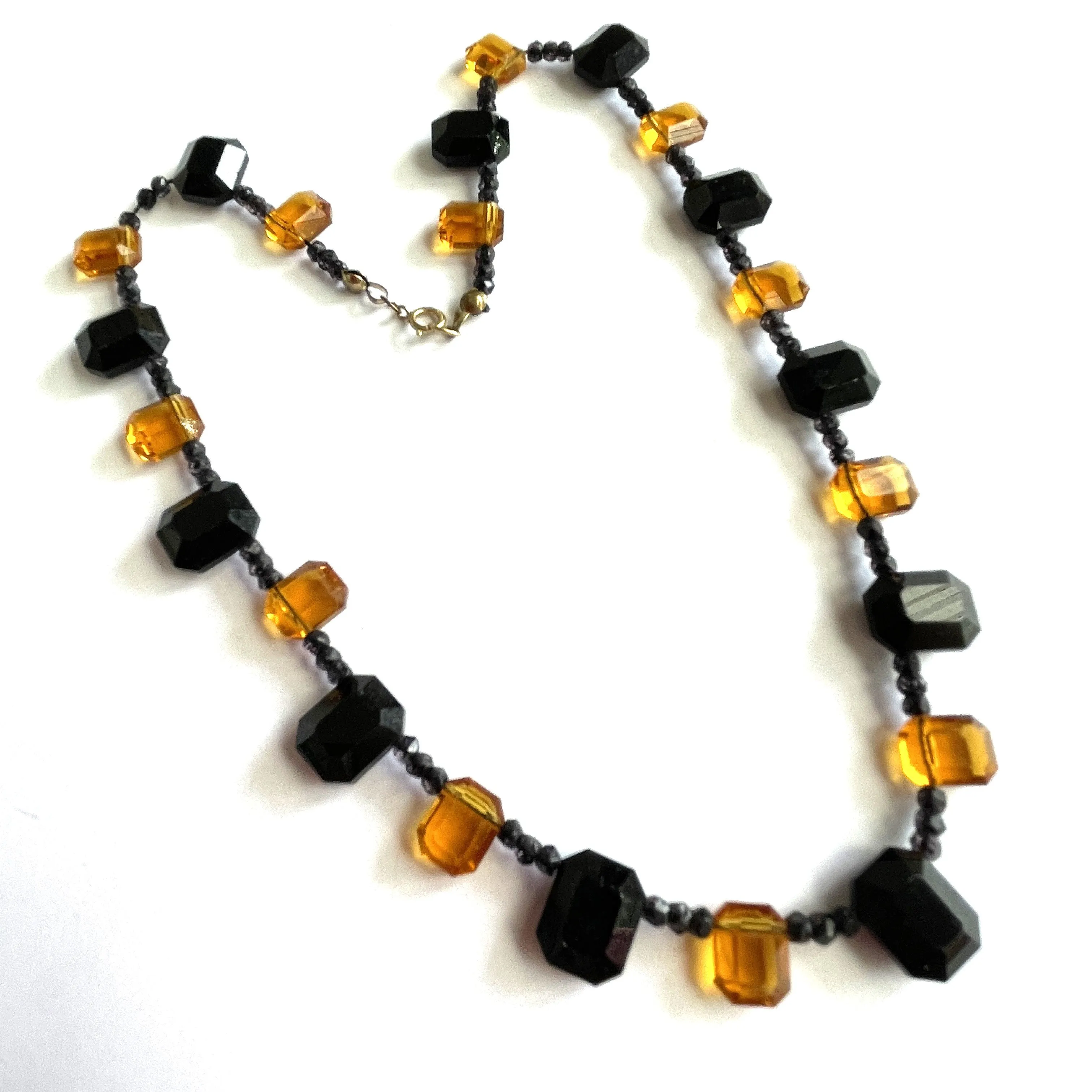 French Jet and Amber Glass Bead Vintage Necklace