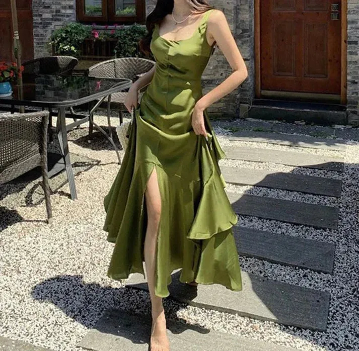 Green Backless Ruffles A-Line Long Prom Dress Charming Party Dress Formal Dress