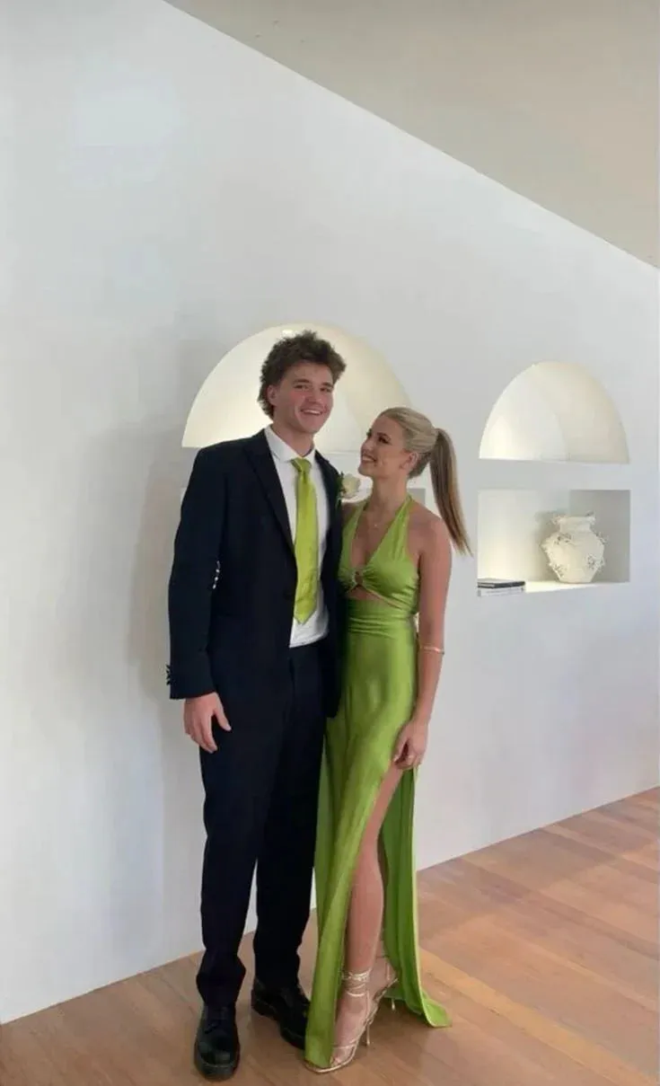 Green Halter V Neck Cut Out Satin Long Party Dress Charming Evening Dress Formal Dress