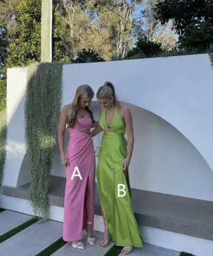 Green Halter V Neck Cut Out Satin Long Party Dress Charming Evening Dress Formal Dress