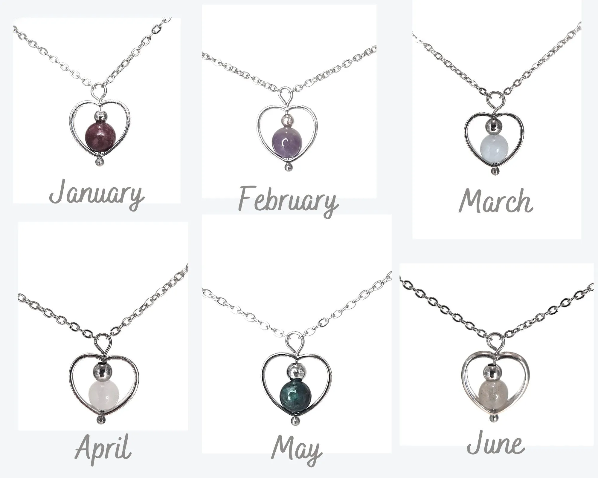 Heart Birthstone Fidget Bead Spinner Necklace for Anti-Anxiety Bear Bead Frame with Gemstone Crystal Bead Necklace