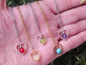 Heart Birthstone Fidget Bead Spinner Necklace for Anti-Anxiety Bear Bead Frame with Gemstone Crystal Bead Necklace
