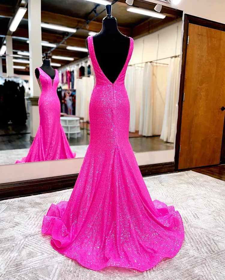 Hot Pink Mermaid Sparkly Sequins Prom Dresses Charming Evening Dress