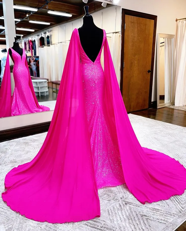 Hot Pink Mermaid Sparkly Sequins Prom Dresses Charming Evening Dress
