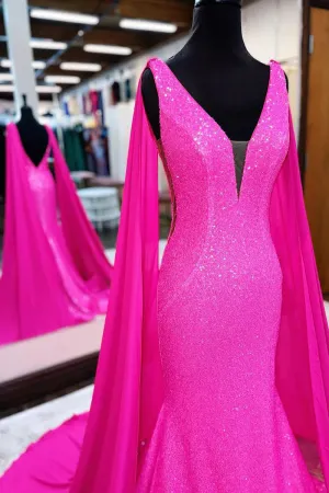 Hot Pink Mermaid Sparkly Sequins Prom Dresses Charming Evening Dress