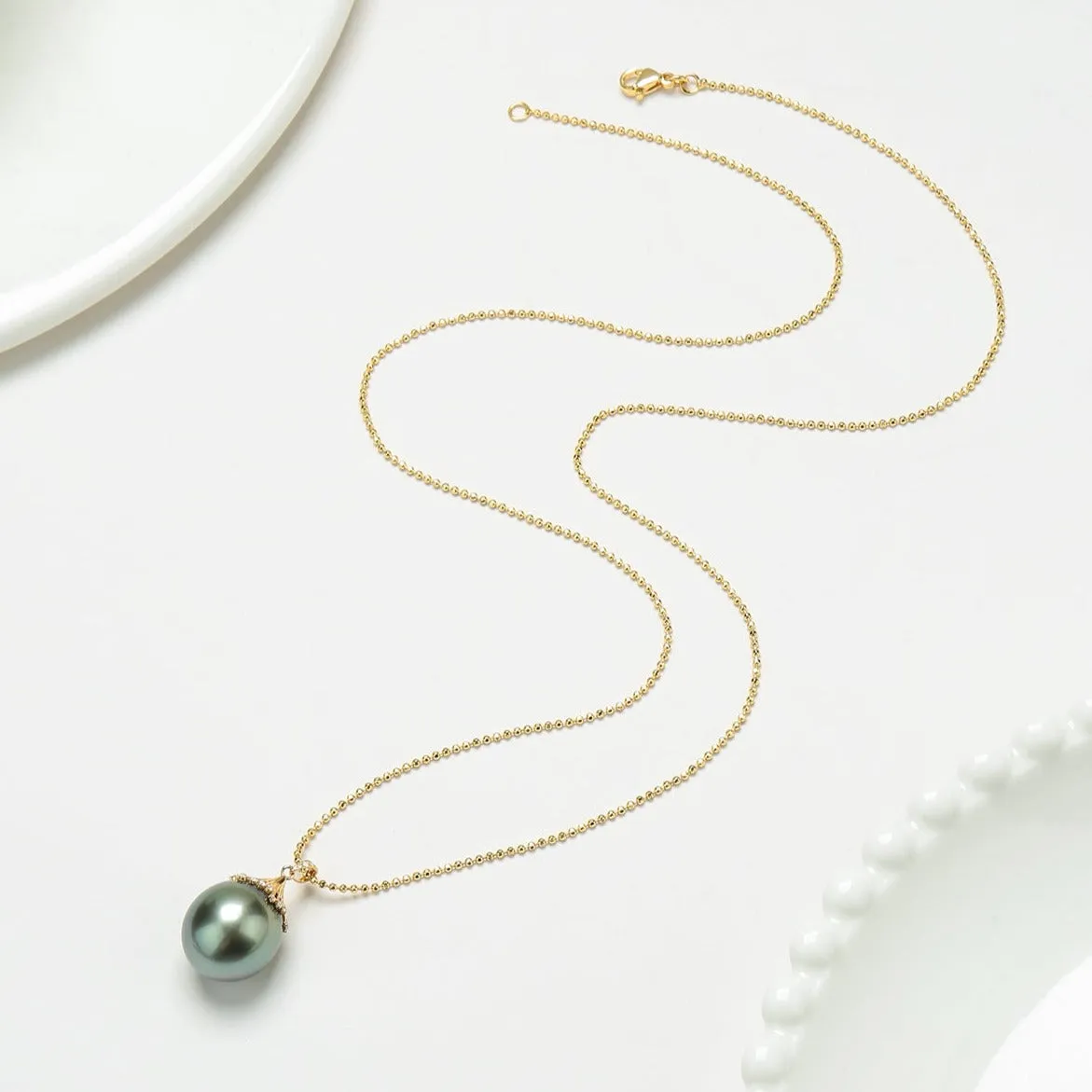 Large Tahitian Pearl Pendant Gold Bead Necklace