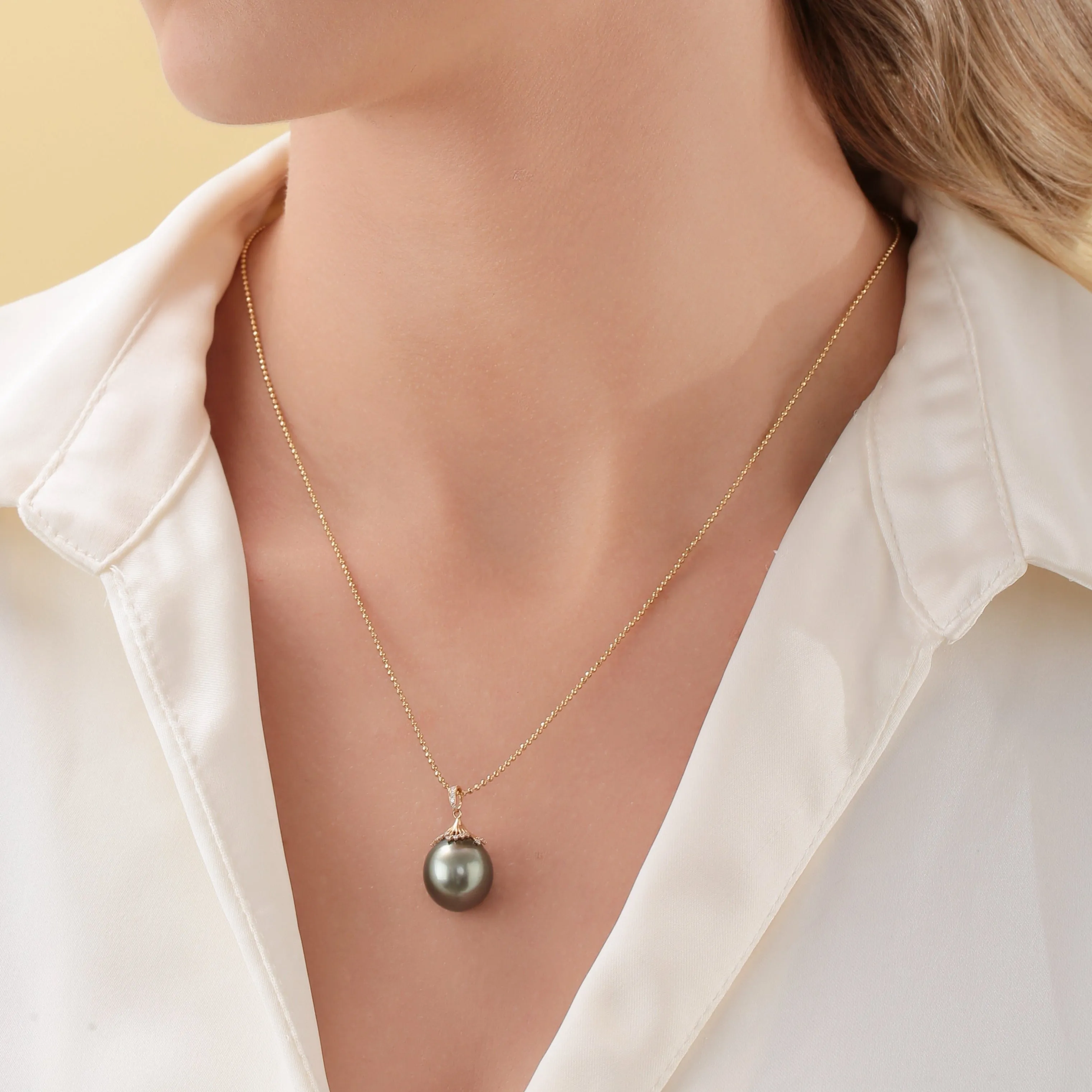 Large Tahitian Pearl Pendant Gold Bead Necklace