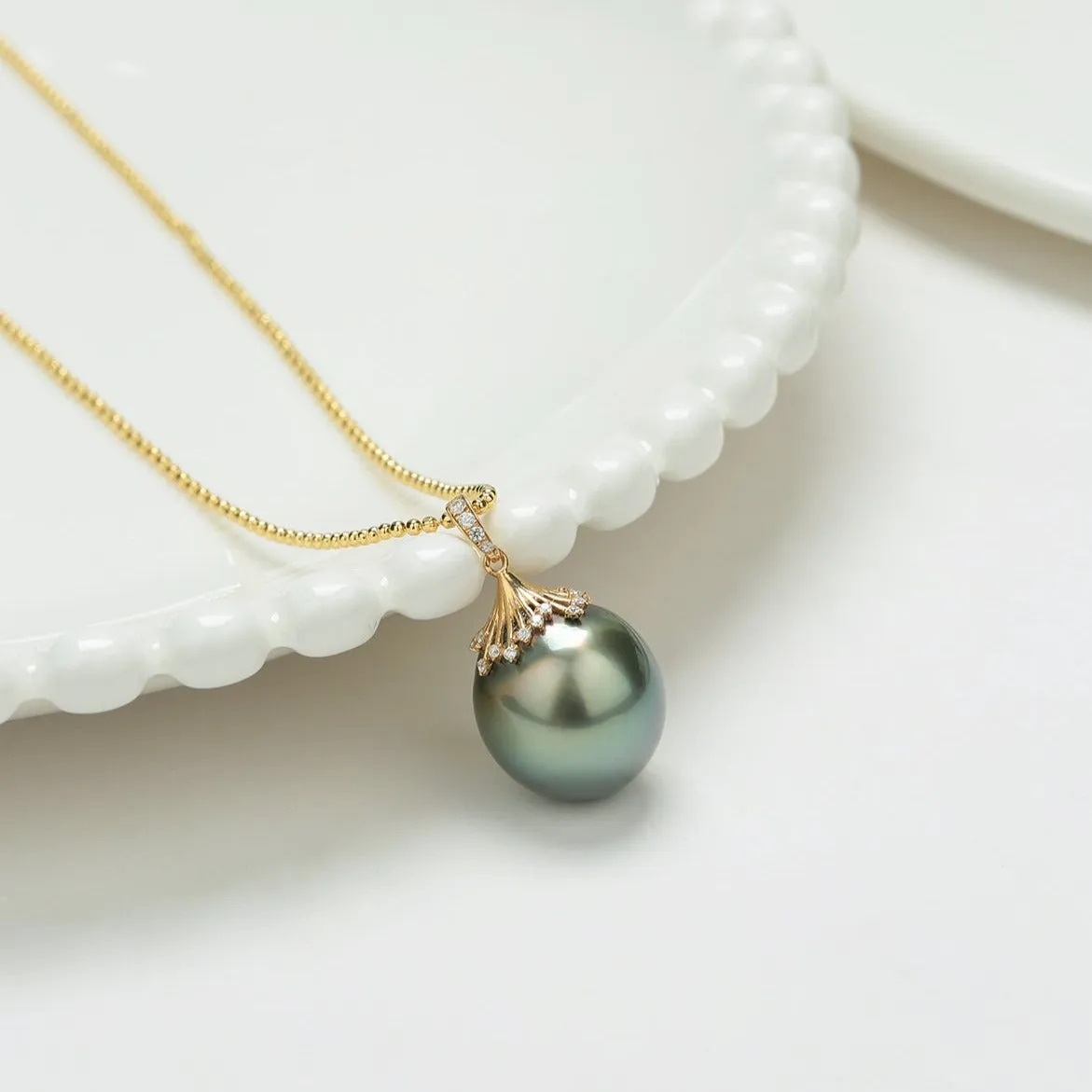 Large Tahitian Pearl Pendant Gold Bead Necklace