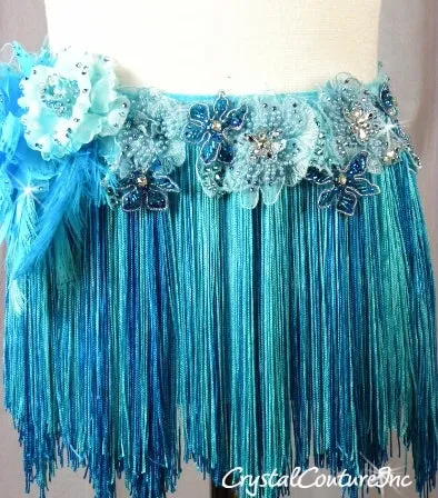 Lt Teal Blue Velour Mock Neck Top & Trunk/Fringe Skirt - Swarovski Rhinestones