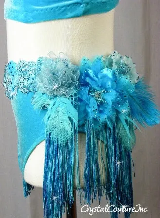 Lt Teal Blue Velour Mock Neck Top & Trunk/Fringe Skirt - Swarovski Rhinestones