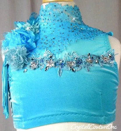 Lt Teal Blue Velour Mock Neck Top & Trunk/Fringe Skirt - Swarovski Rhinestones