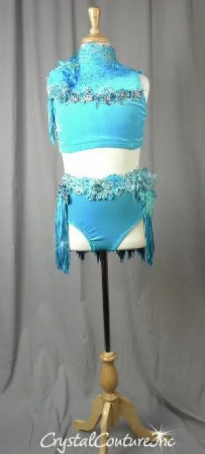 Lt Teal Blue Velour Mock Neck Top & Trunk/Fringe Skirt - Swarovski Rhinestones