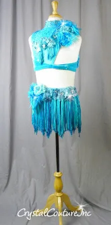 Lt Teal Blue Velour Mock Neck Top & Trunk/Fringe Skirt - Swarovski Rhinestones