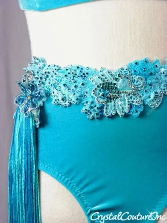 Lt Teal Blue Velour Mock Neck Top & Trunk/Fringe Skirt - Swarovski Rhinestones