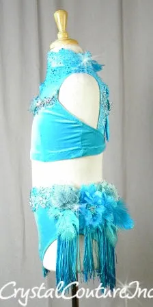 Lt Teal Blue Velour Mock Neck Top & Trunk/Fringe Skirt - Swarovski Rhinestones