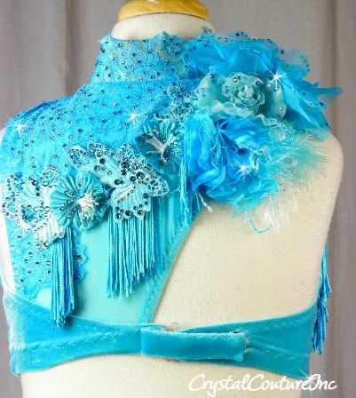 Lt Teal Blue Velour Mock Neck Top & Trunk/Fringe Skirt - Swarovski Rhinestones
