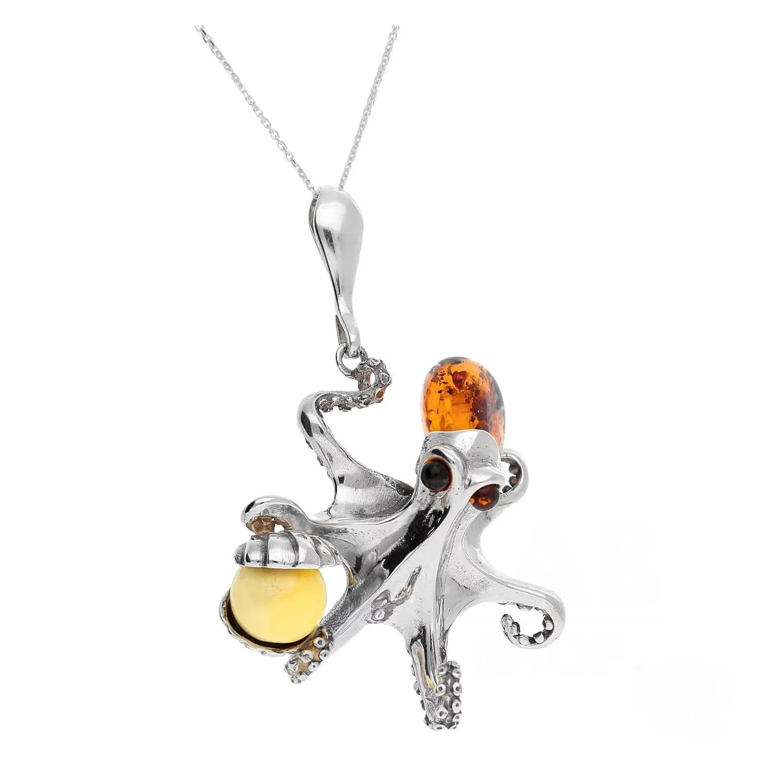 MILENA Pendant Necklace Silver and Baltic Amber - Octopus