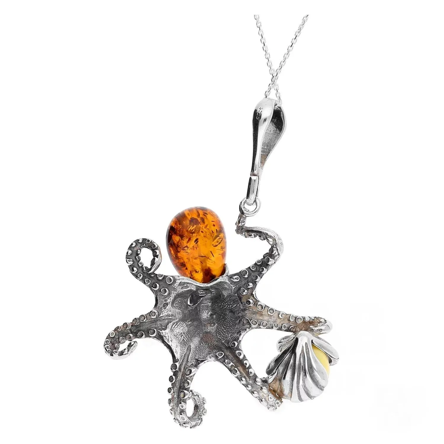 MILENA Pendant Necklace Silver and Baltic Amber - Octopus
